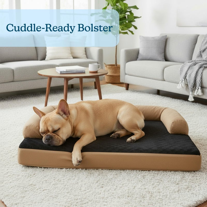 PETMAKER Sofa Dog Bed â€“ 35.5x25.5 Pet Bed - 3-Layer Orthopedic Dog Couch with Cooling Gel, Memory Foam and Neck Bolster (Tan/Black), Large - Image 3